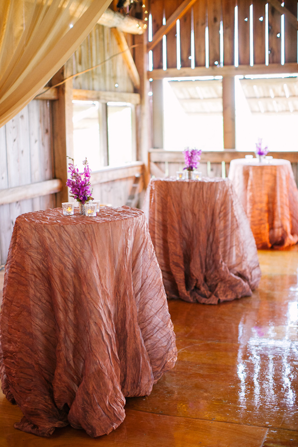 Tall tables with pale pink tablecloths and purple floral arrangements - Photo by Dan Stewart Photography